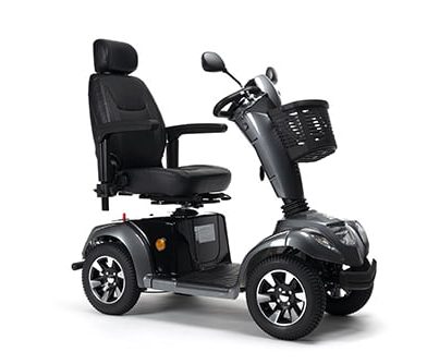 Vermeiren scootmobiel Carpo 4D antracietgrijs met draaibare, verstelbare luxe stoel en mand voorop.