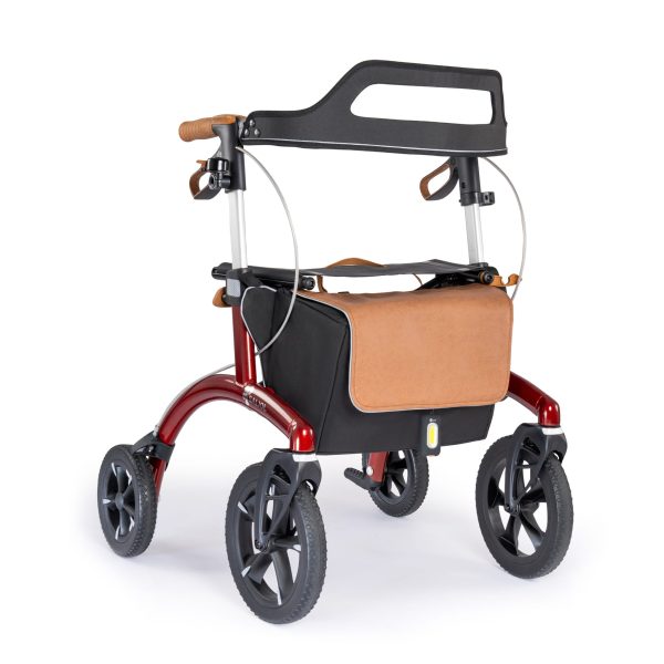 Saljol Allround rollator in rood met grote all-terrain wielen, rugband en tas voor stabiele ondersteuning op elk terrein