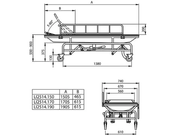 Linido douchebrancard, hydraulisch met 2 geremde wielen. met de afmetingen.