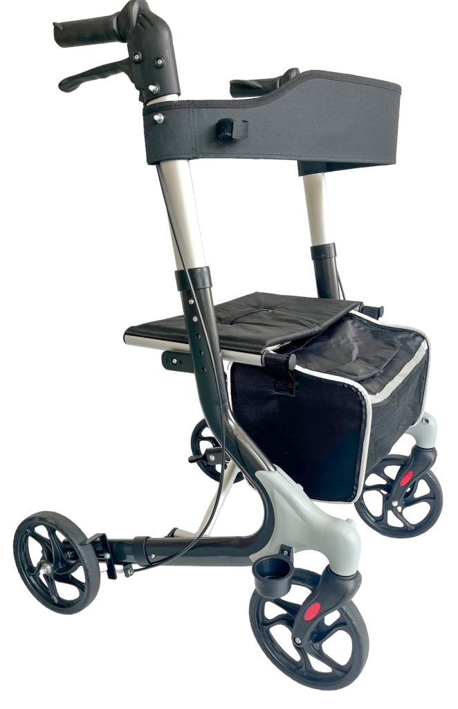 Aidapt lichtgewicht rollator VP185NL donkergrijs met zitting, boodschappentas en stokhouder, inklapbaar aluminium model.