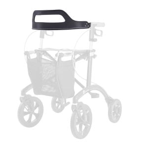Zwarte rugsteun voor Saljol Allround rollator, accessoire van 75 cm lengte, gemonteerd op rollatorframe.