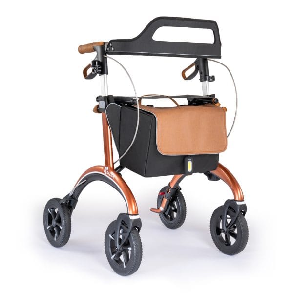 Saljol Carbon rollator in koperkleur met zwarte tas, kurken handgrepen en rugband voor stabiele ondersteuning