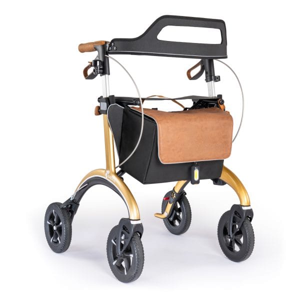 Saljol Carbon rollator in goud met zwarte tas, licht en stabiel hulpmiddel voor veilig wandelen en dagelijks gebruik