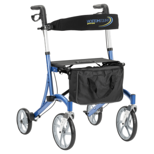 MultiMotion Cruiser lichtgewicht rollator blauw met tas, rugband en grote wielen voor binnen- en buitengebruik.