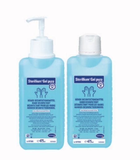 Handdesinfectie Sterillium Gel pure, twee blauwe flessen alcoholgel in verschillende maten met pomp- en klikdop.