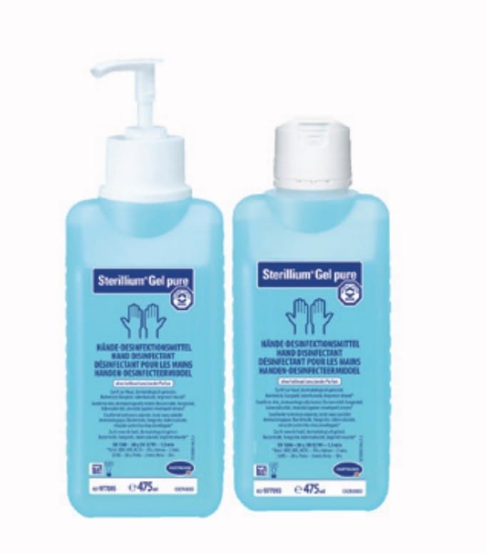 Handdesinfectie Sterillium Gel pure, twee blauwe flessen alcoholgel in verschillende maten met pomp- en klikdop.