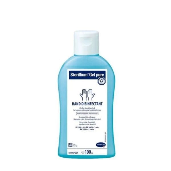 Sterillium Gel pure handdesinfectie ongeparfumeerde alcoholgel flacon 100 ml met blauwe transparante fles en witte klikdop.