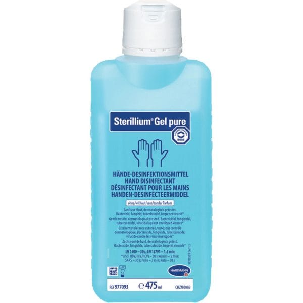 Sterillium Gel pure handdesinfectie, blauwe fles zonder pomp van 475 ml voor hygiënische handreiniging.