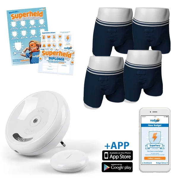 Rodger plaswekkerpakket met alarmering en 4 plasbroekjes, de app en een Superheld poster met stickervel
