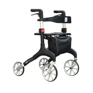 Rollator Manhattan in de kleur zwart is compleet met tas en rugsteun.