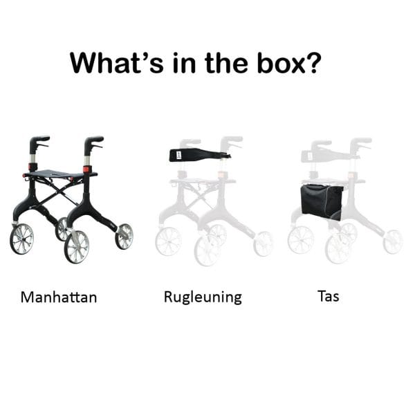 Rollator Manhattan in de kleur zwart is compleet met tas en rugsteun.