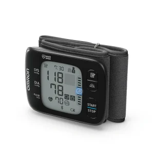 Omron RS7 Intelli IT polsbloeddrukmeter met digitaal display en geïntegreerde manchet voor nauwkeurige meting thuis.