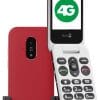 Rode Doro Leva E22 seniorentelefoon met groot toetsenbord, opengeklapt naast laadstation en achterzijde
