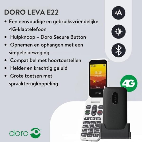 Witte Doro Leva E22 seniorentelefoon met grote toetsen, open klapdesign en zwart oplaadstation voor eenvoudig bellen