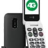 Zwarte Doro Leva E22 seniorentelefoon met grote toetsen, opengeklapt naast het meegeleverde oplaadstation