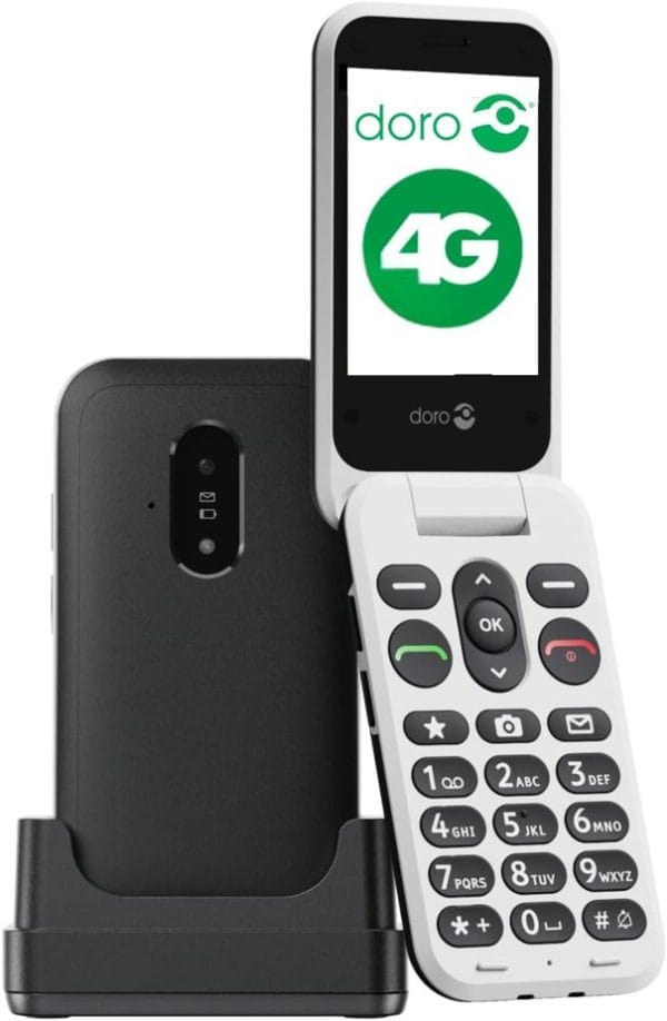Zwarte Doro Leva E22 seniorentelefoon met grote toetsen, opengeklapt naast het meegeleverde oplaadstation