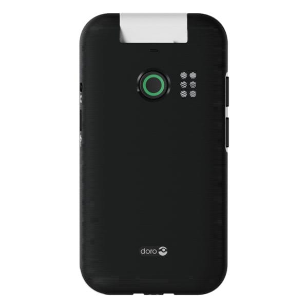 Zwarte Doro Leva E22 seniorentelefoon van achteren met groene assistentieknop, luidspreker en gesloten klep