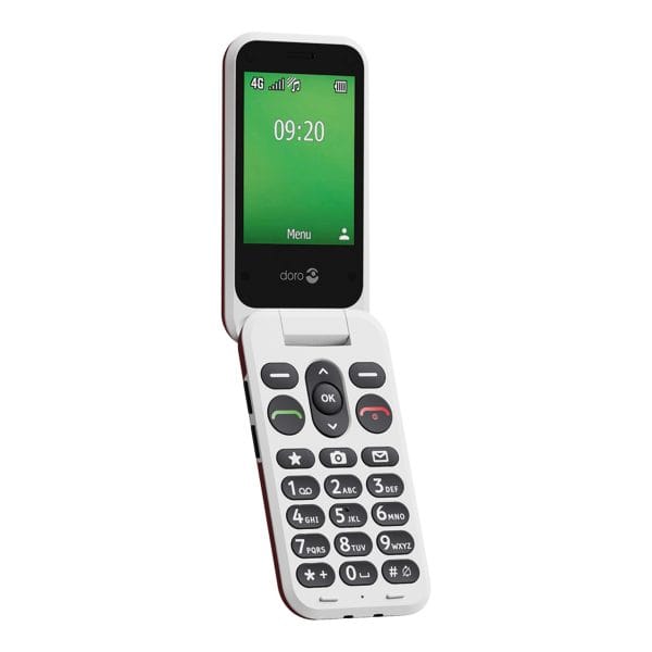 Doro Leva E22 seniorentelefoon in zwart en wit, opengeklapt met groot toetsenbord en duidelijk scherm