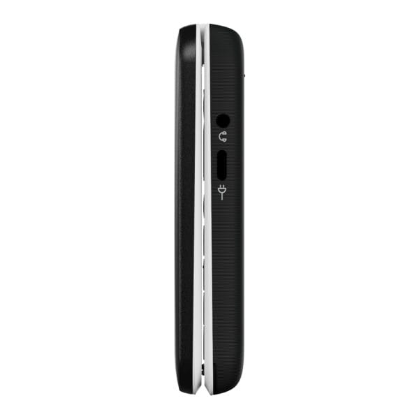 Zwarte Doro Leva E22 seniorentelefoon in zijaanzicht met 3,5mm-koptelefoonaansluiting en USB-C-oplaadpoort