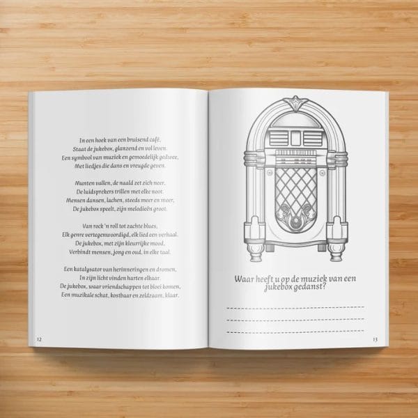 Open kleurboek voor ouderen met dementie met jukeboxillustratie, gedicht en schrijflijnen op houten ondergrond