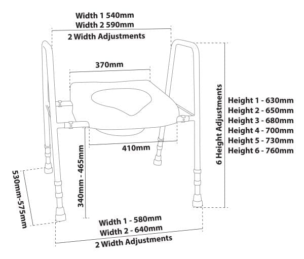 Toiletframe en toiletverhoger die zowel in breedte als in hoogte is te verstellen,