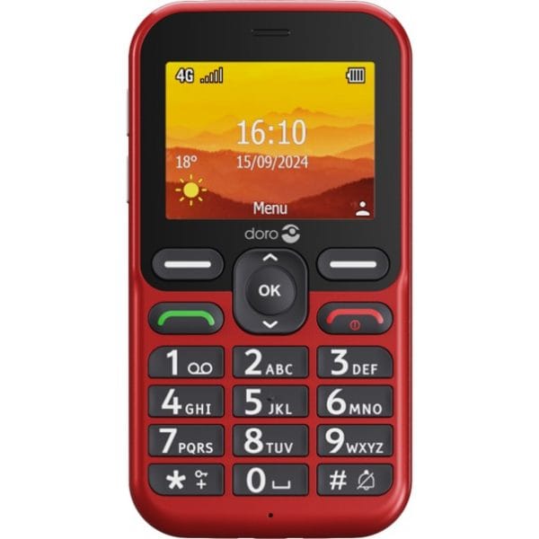 Doro leva L10 telefoon in de kleur rood. Met grote toetsen voor eenvoudige bediening.