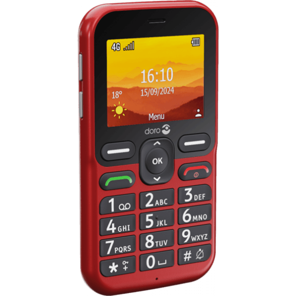 Doro leva L10 telefoon in de kleur rood. Met grote toetsen voor eenvoudige bediening.