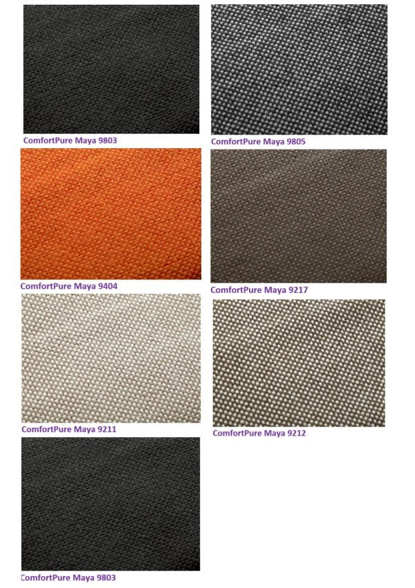 Kleurenstaal ComfortPure Maya stoffering voor hoog/laagbed Presstige 2500 in diverse donkere, oranje en beige tinten.