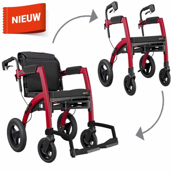 Rollz Motion Performance 2.1 inklapbare rollator & transportrolstoel in één. Met luchtbanden en te verkrijgen in 2 kleuren: Rood en Groen.