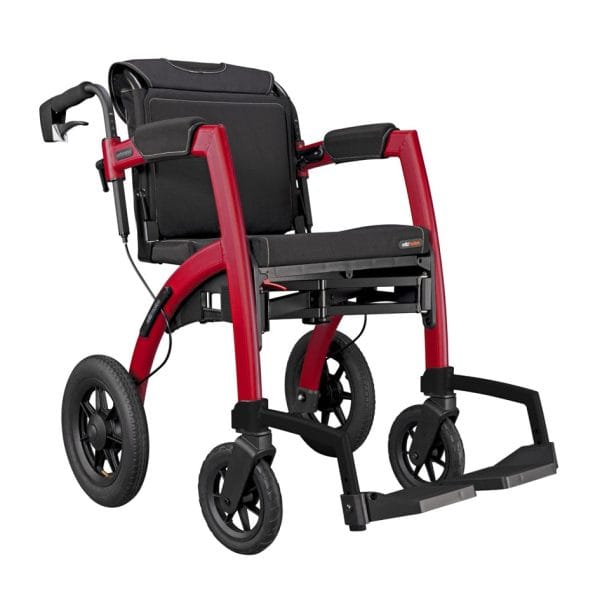 Rollz Motion Performance 2.1 inklapbare rollator & transportrolstoel in één. Met luchtbanden en te verkrijgen in 2 kleuren: Rood en Groen.