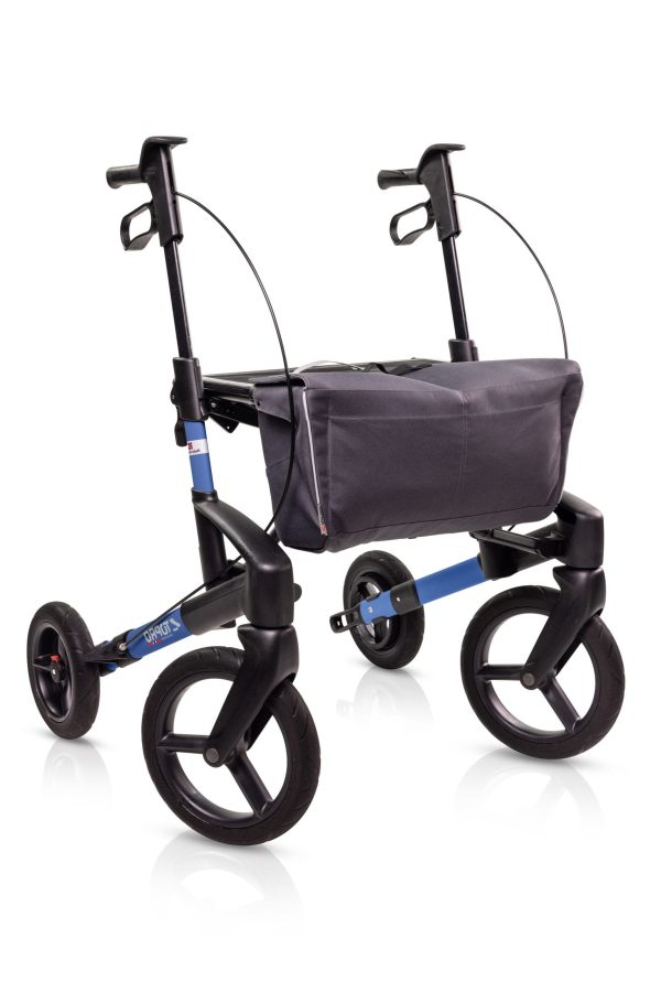 Rollator Topro Olympos ATR BLACK SERIES maat S oceaanblauw met grote offroad wielen en grijze boodschappentas.