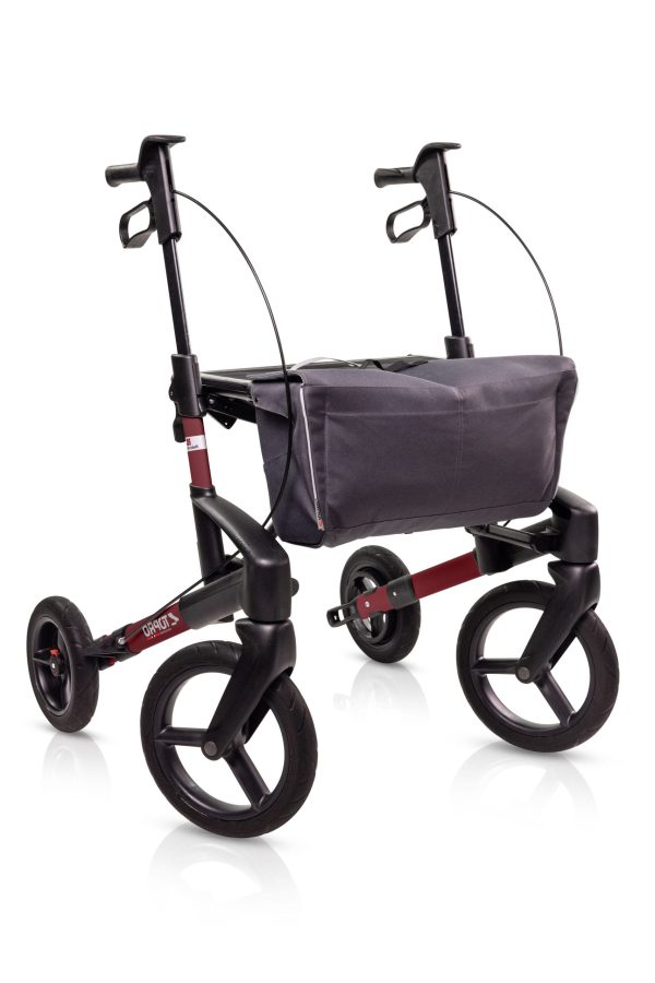 Rollator Topro Olympos ATR BLACK SERIES maat S in bordeauxrood met grote offroad wielen en zachte banden.