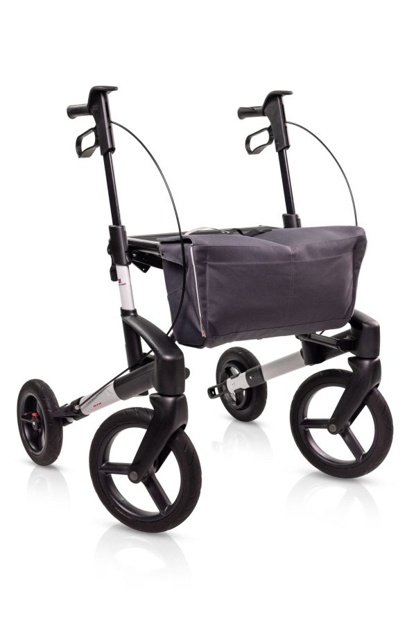 Rollator Topro Olympos ATR BLACK SERIES maat M Slim in polairzilver met grote offroad wielen en zachte banden.