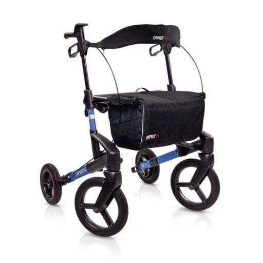 Topro Olympos ATR Black Series M Slim rollator Topro Olympos ATR Black Series rollator maat M Slim met offroad-wielen, zwarte tas en rugsteun op witte achtergrond