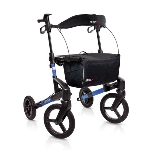 Topro Olympos ATR Black Series rollator maat M Slim met offroad-wielen, zwarte tas en rugsteun op witte achtergrond