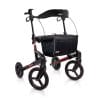 Zwarte met bordeaux rood Topro Olympos ATR Black Series rollator met tas en rugsteun, vrijstaand op witte achtergrond.