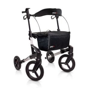 Zwart met zilveren Topro Olympos ATR Black Series rollator met grote offroad-wielen, tas en rugsteun op witte achtergrond