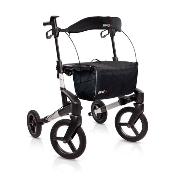 Zwart met zilveren Topro Olympos ATR Black Series rollator met grote offroad-wielen, tas en rugsteun op witte achtergrond