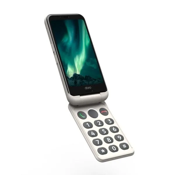 De Doro Aurora A20, een inklapbare smartphone is geschikt voor gebruikers die eenvoud en functionaliteit zoeken. Dit is de gebroken witte uitvoering.