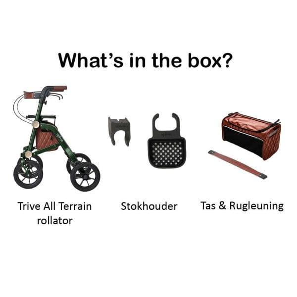 Overzicht van de inhoud van de doos van de Trive All Terrain rollator, met de rollator zelf, een leren boodschappentas, rugleuning en stokhouder. Alles wat nodig is om direct comfortabel op pad te gaan is inbegrepen.
