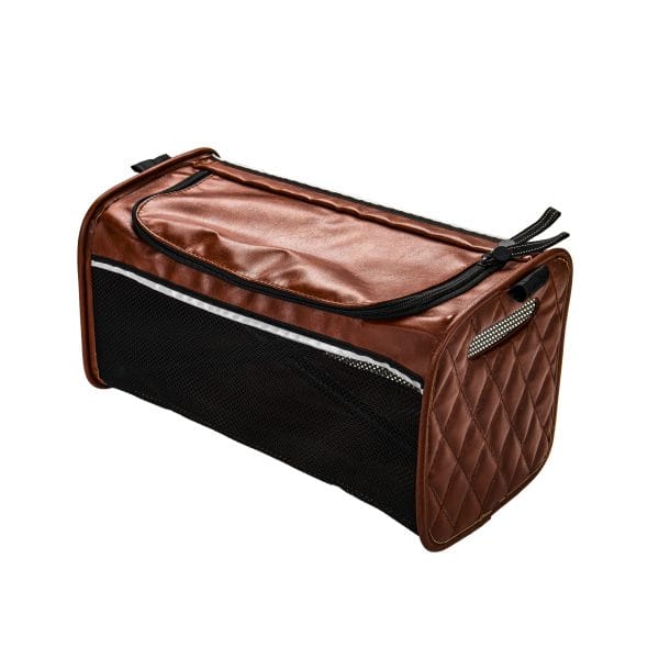 Luxe bruine leren boodschappentas die standaard wordt meegeleverd met de Trive All Terrain rollator. De tas biedt voldoende ruimte voor persoonlijke spullen en past perfect bij het stijlvolle design van de rollator