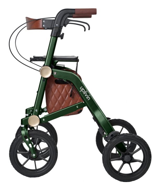 Zijkant van de dubbel opvouwbare Trive All Terrain rollator van Uplivin met grote wielen en een stevig frame. Het ergonomische ontwerp biedt uitstekende ondersteuning, zelfs op ongelijke ondergronden.