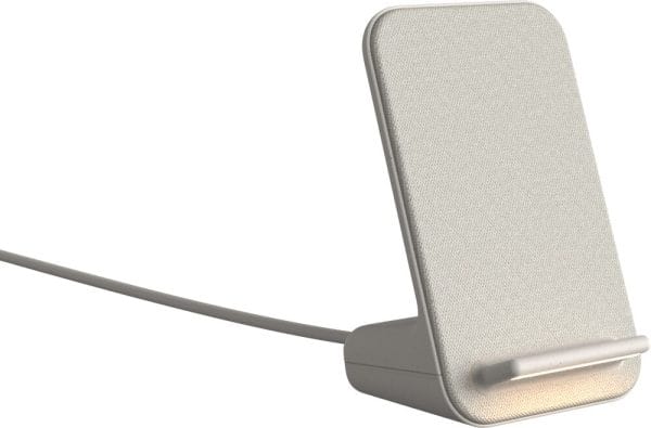 Stijlvolle standaard voor draadloos opladen van uw Aurora toestellen A10, A20 en A30 in de kleur wit. Dit is de voorzijde met het snoer.