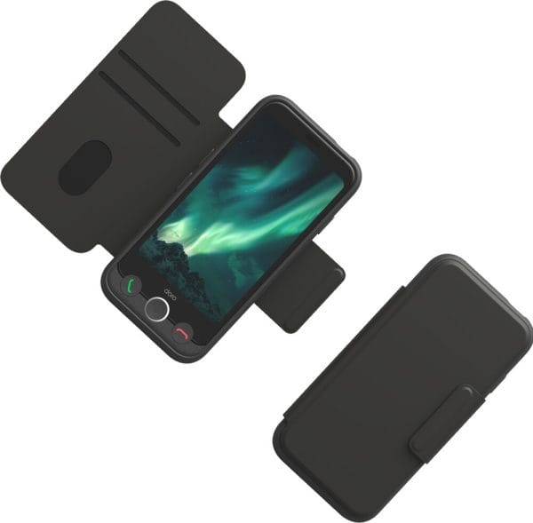 De etuihoes voor de Doro Aurora A10 telefoon die zowel de voorkant als achterkant beschermt. Dit is de antracietgrijze.