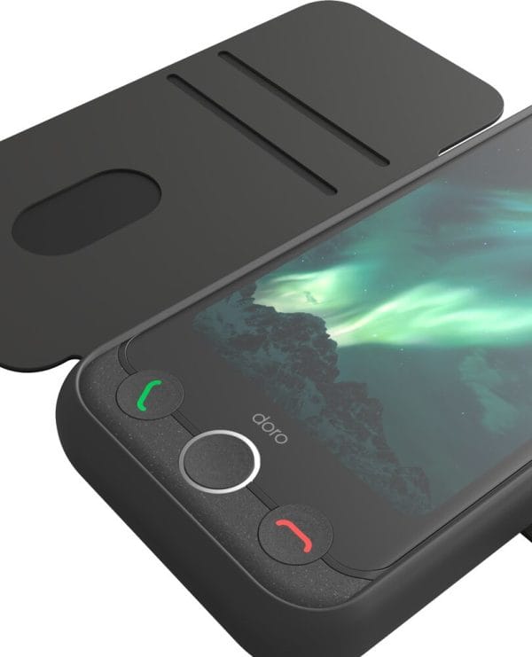 De etuihoes voor de Doro Aurora A10 telefoon die zowel de voorkant als achterkant beschermt. Dit is de antracietgrijze en bezien vanuit de binnenzijde.