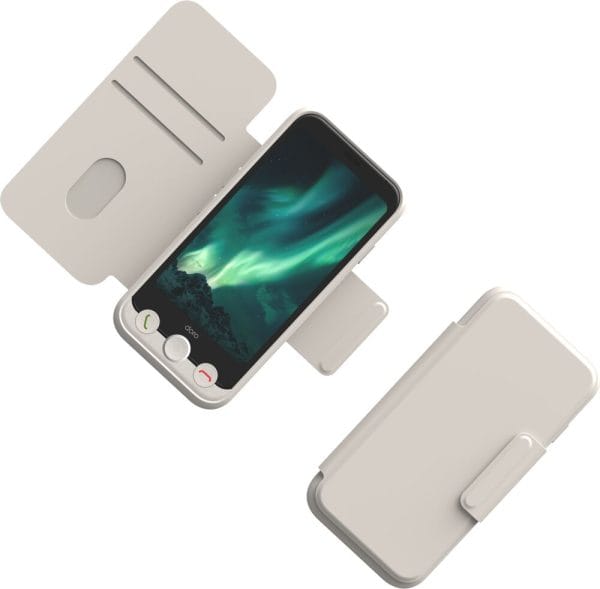 De etuihoes voor de Doro Aurora A10 telefoon die zowel de voorkant als achterkant beschermt. Dit is de gebroken witte.