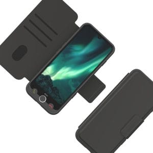 De etuihoes voor de Doro Aurora A30 telefoon die zowel de voorkant als achterkant beschermt. Dit is de antracietgrijze.