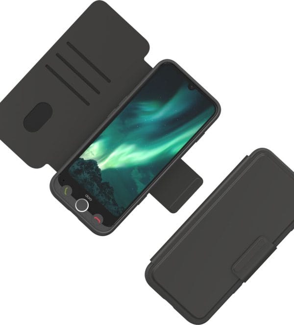 De etuihoes voor de Doro Aurora A30 telefoon die zowel de voorkant als achterkant beschermt. Dit is de antracietgrijze.