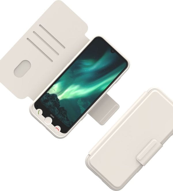 De etuihoes voor de Doro Aurora A30 telefoon die zowel de voorkant als achterkant beschermt. Dit is de gebroken witte.