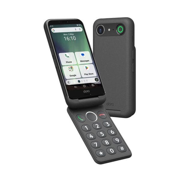 De Doro Aurora A20, een inklapbare smartphone is geschikt voor gebruikers die eenvoud en functionaliteit zoeken. Dit is de antracietgrijze uitvoering.